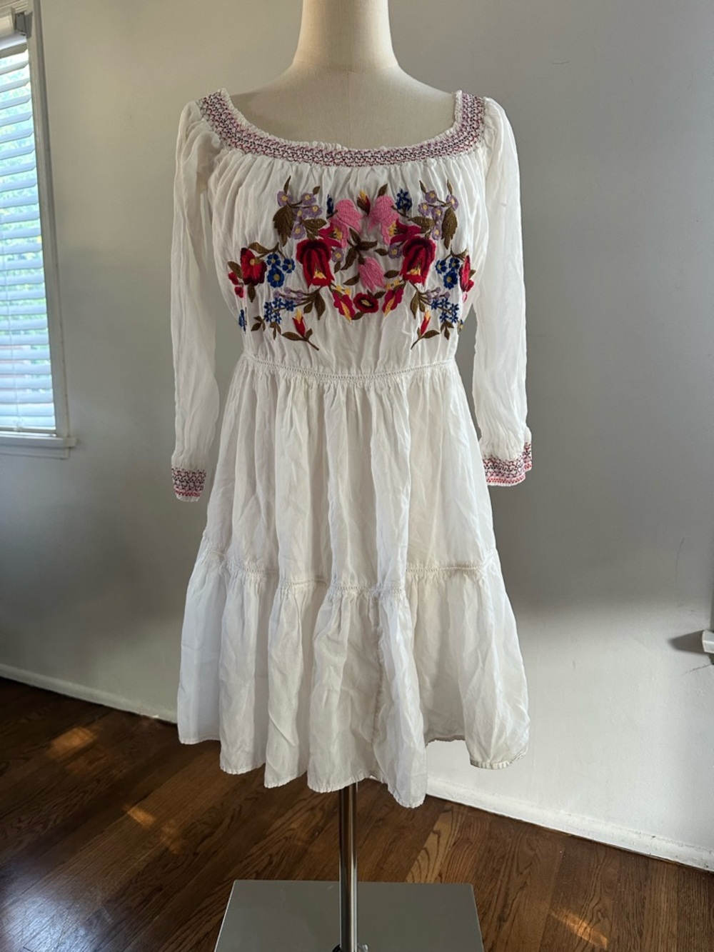 Free People - Embroidered White Boho Smocked Neck Tunic Top Flowy Peasant Blouse